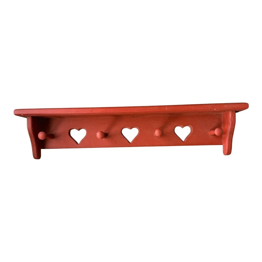 Vtg Red Wooden Heart Cutout Wall Shelf Peg Cottagecore Farmhouse Entryway Rustic